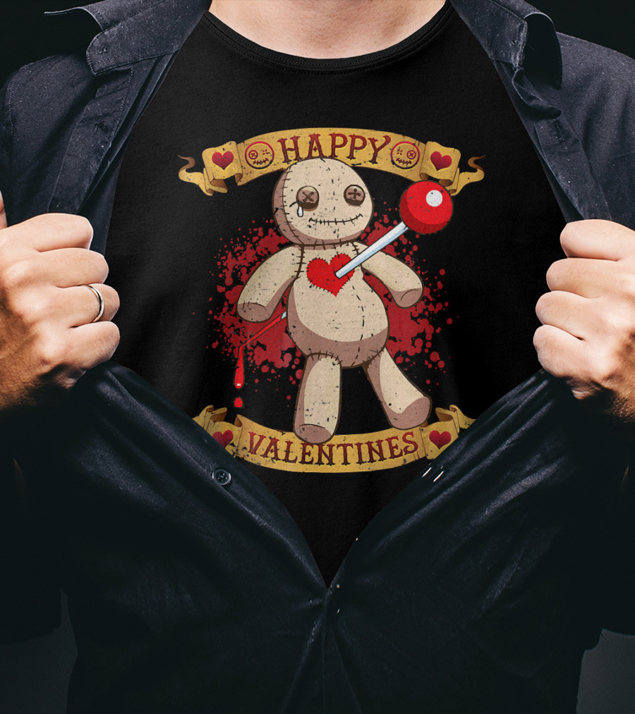 Happy Valentines Voodoo Doll With Heart And Lollipop Stabbing T-Shirt