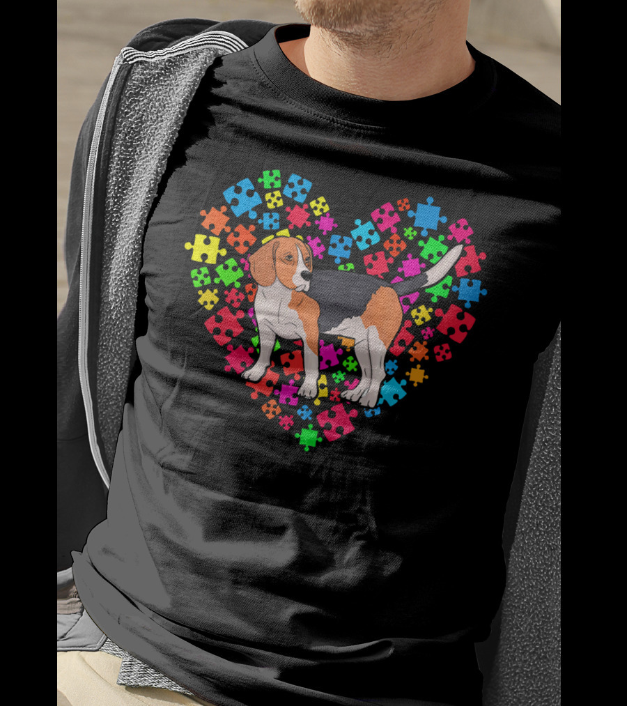 Autism Awareness Beagle Dog Colorful Puzzle Heart T-Shirt