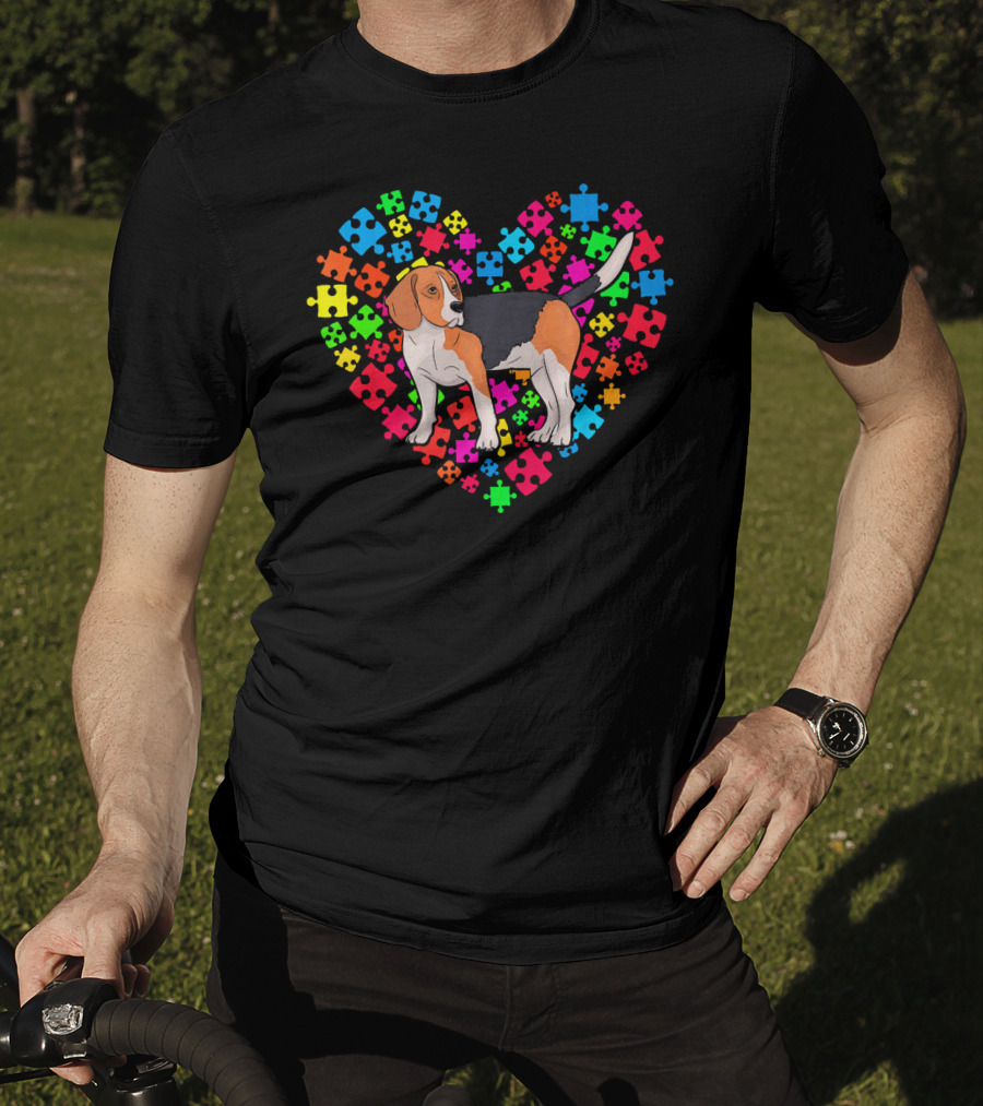 Autism Awareness Beagle Dog Colorful Puzzle Heart T-Shirt