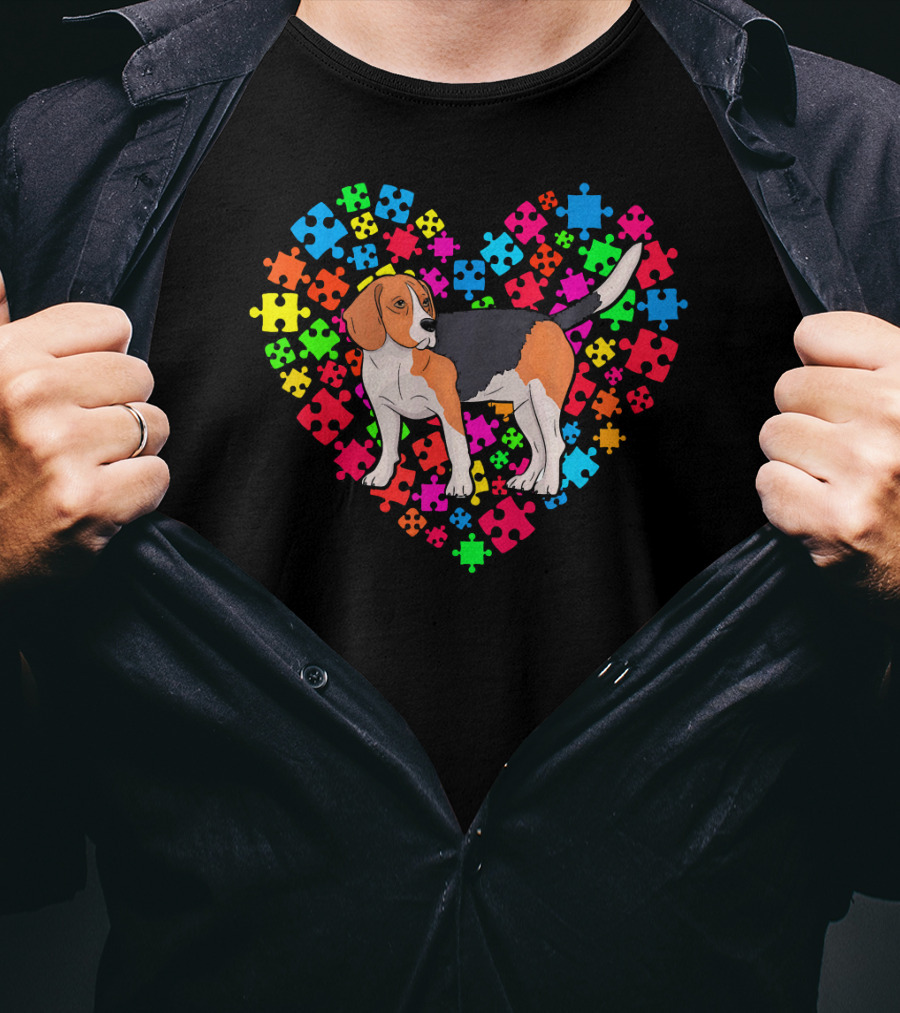 Autism Awareness Beagle Dog Colorful Puzzle Heart T-Shirt