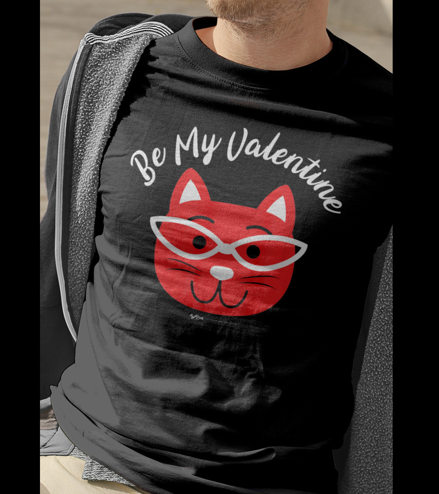 Be My Valentine Valentines Day Cat Drawing With Glasses T-Shirt