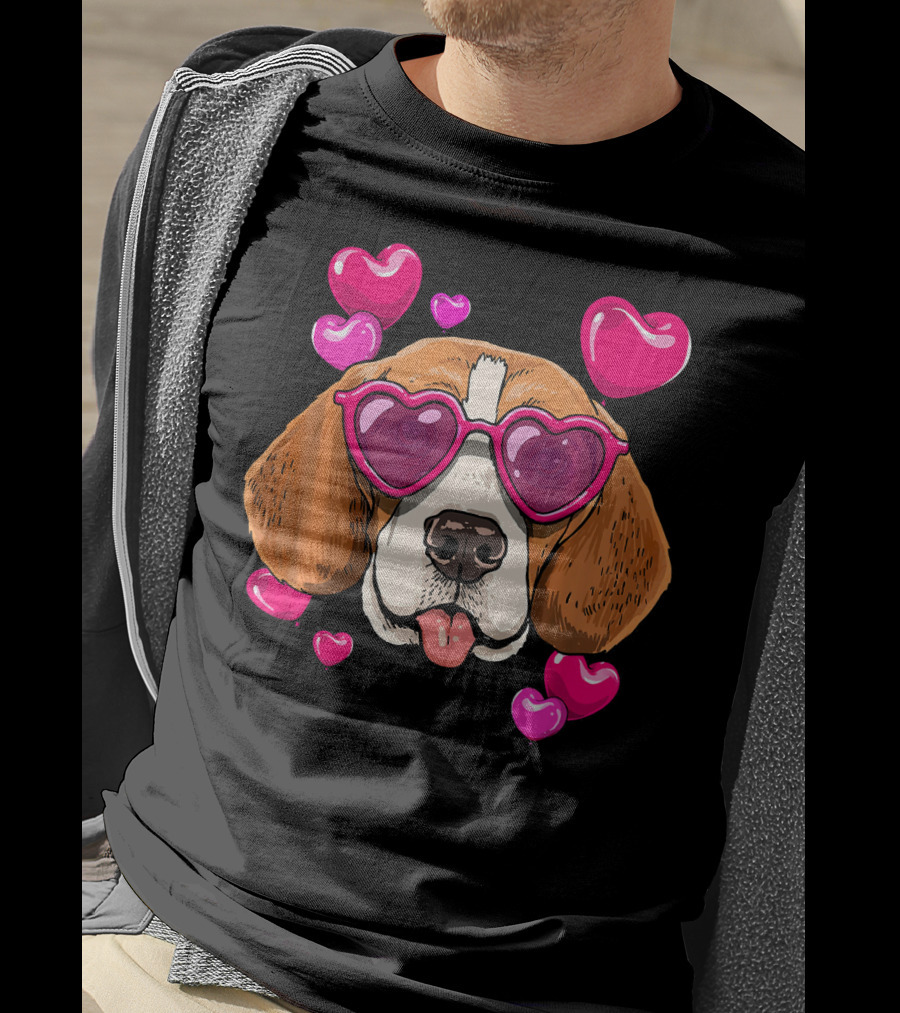Beagle With Heart Sunglasses Surrounded By Pink Hearts Valentines Day Dog T-Shirt