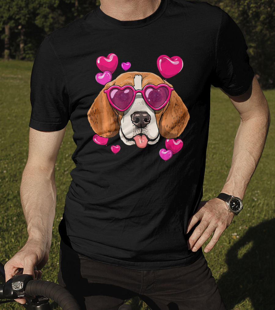 Beagle With Heart Sunglasses Surrounded By Pink Hearts Valentines Day Dog T-Shirt