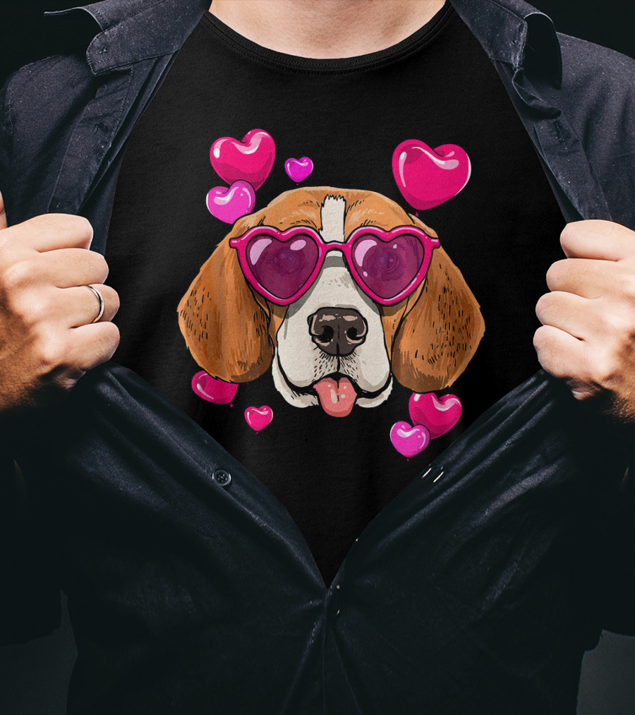 Beagle With Heart Sunglasses Surrounded By Pink Hearts Valentines Day Dog T-Shirt