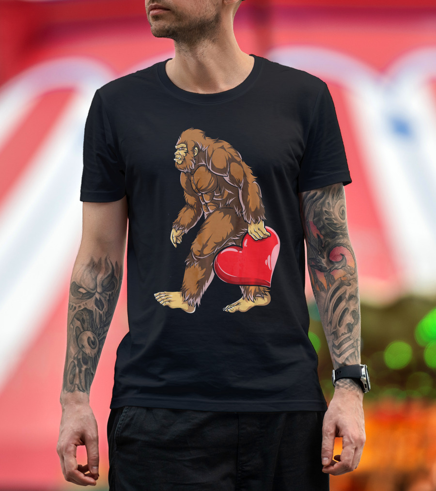 Bigfoot Carrying Heart Funny Valentine's Day T-Shirt