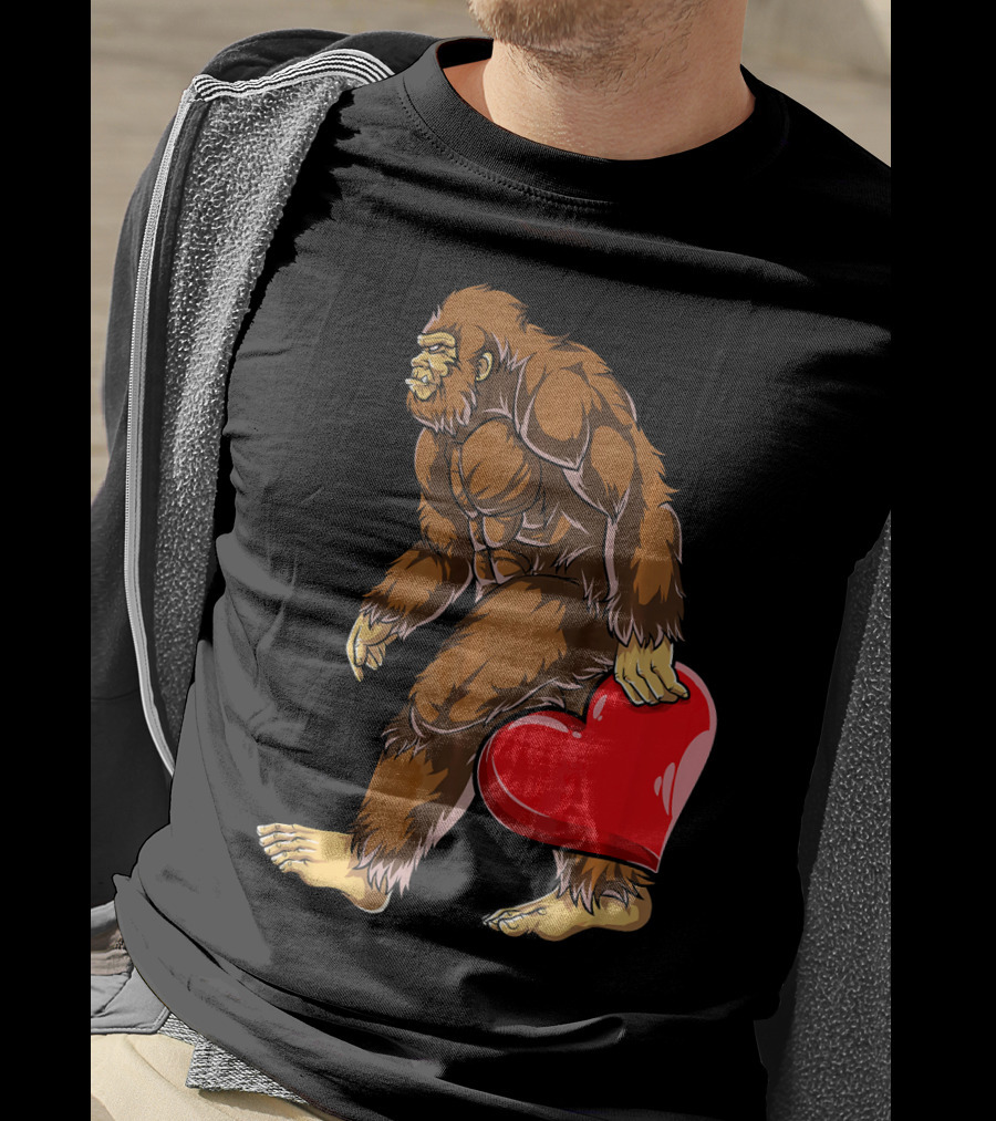 Bigfoot Carrying Heart Funny Valentine's Day T-Shirt