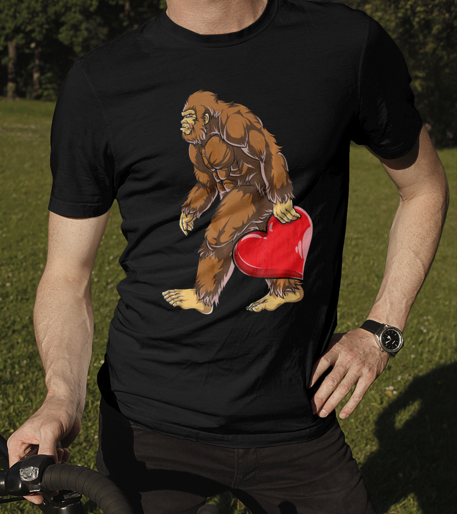 Bigfoot Carrying Heart Funny Valentine's Day T-Shirt