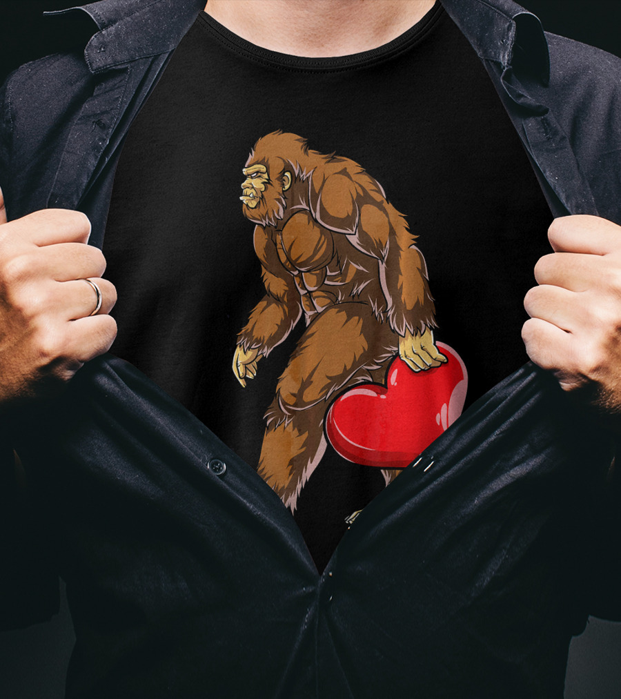 Bigfoot Carrying Heart Funny Valentine's Day T-Shirt