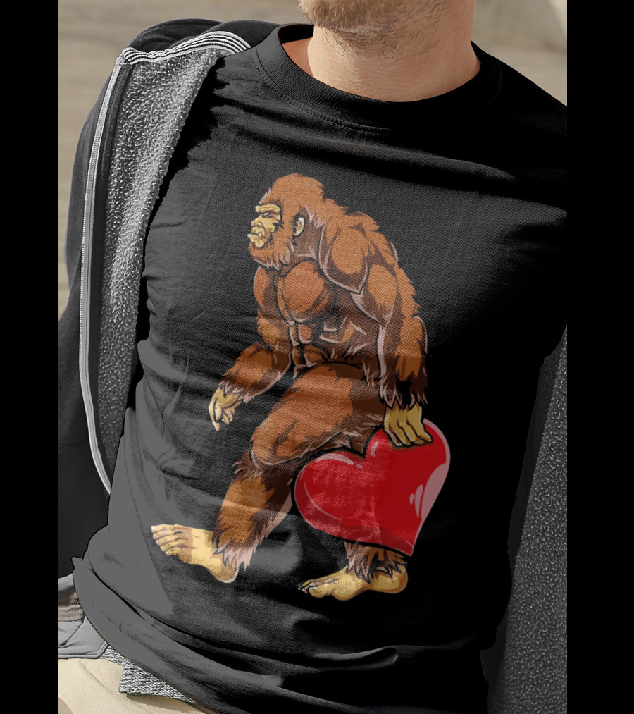 Bigfoot Holding A Red Heart For Funny Valentine's Day T-Shirt