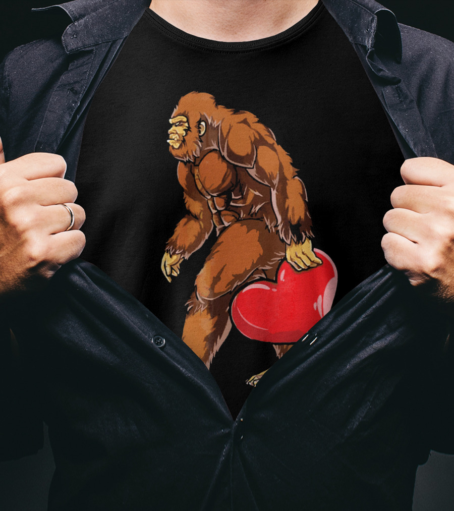 Bigfoot Holding A Red Heart For Funny Valentine's Day T-Shirt