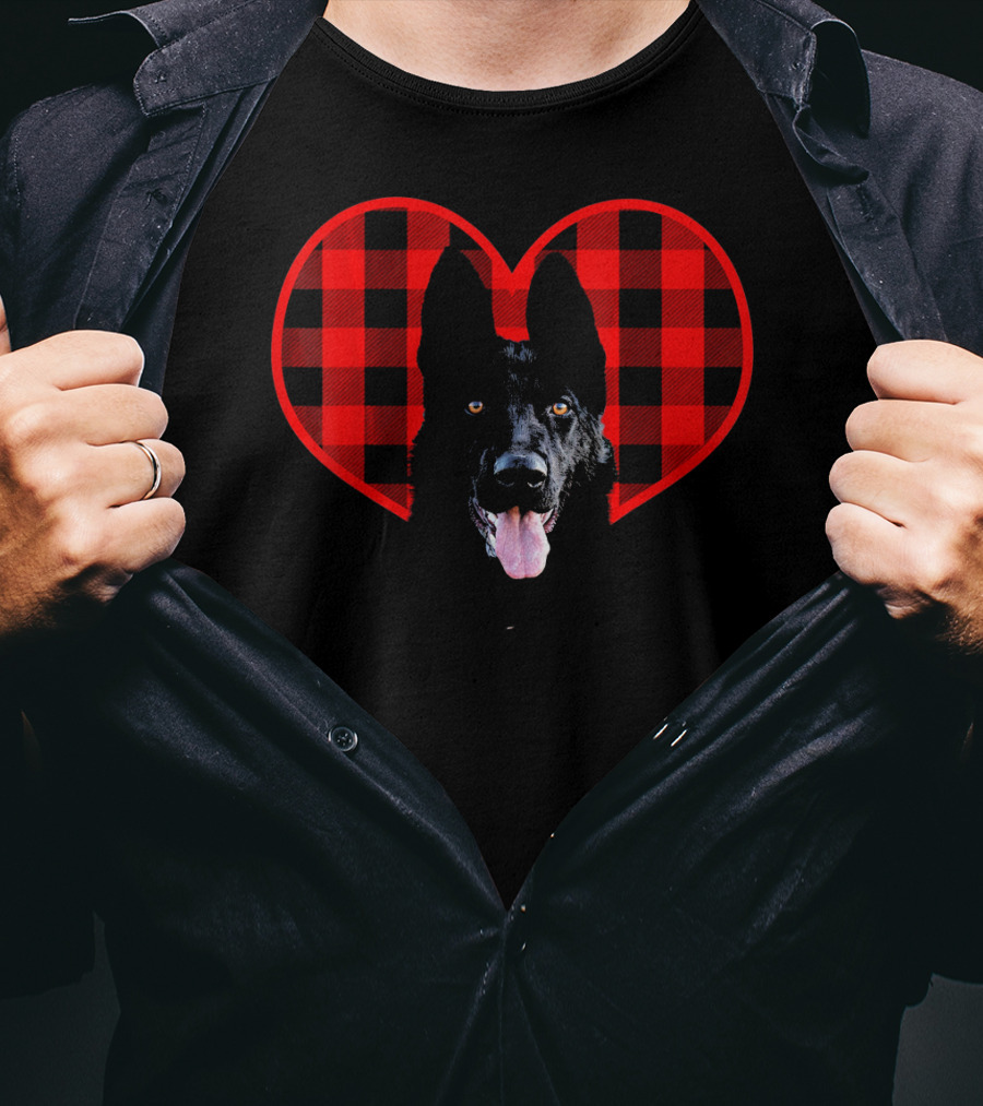 Black German Shepherd Plaid Heart Valentine T-Shirt