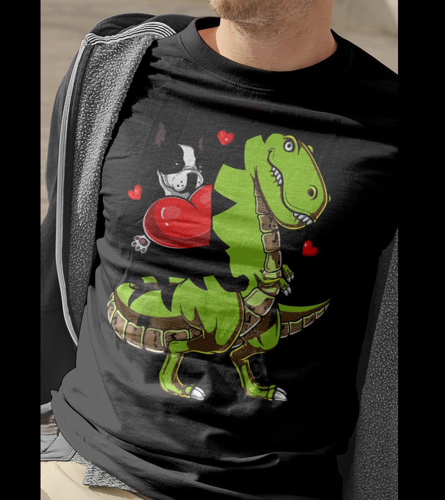 Boston Terrier With Red Hearts Riding A Green Rex Dinosaur T-Shirt