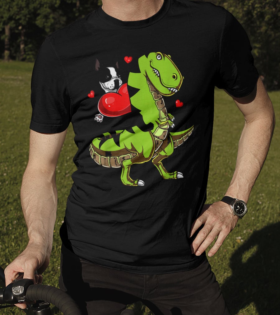 Boston Terrier With Red Hearts Riding A Green Rex Dinosaur T-Shirt