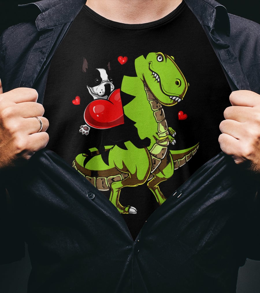 Boston Terrier With Red Hearts Riding A Green Rex Dinosaur T-Shirt