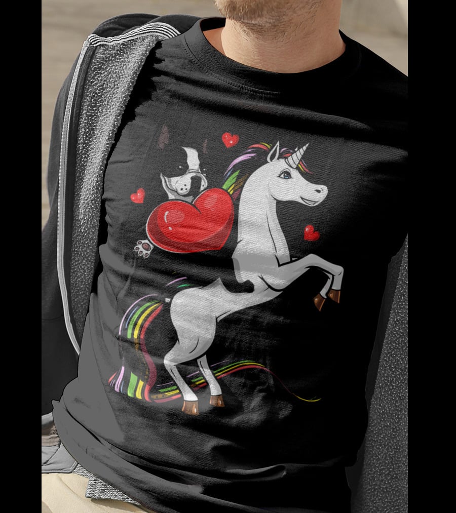 Boston Terrier Dog Holding Heart Riding Colorful Unicorn With Hearts T-Shirt