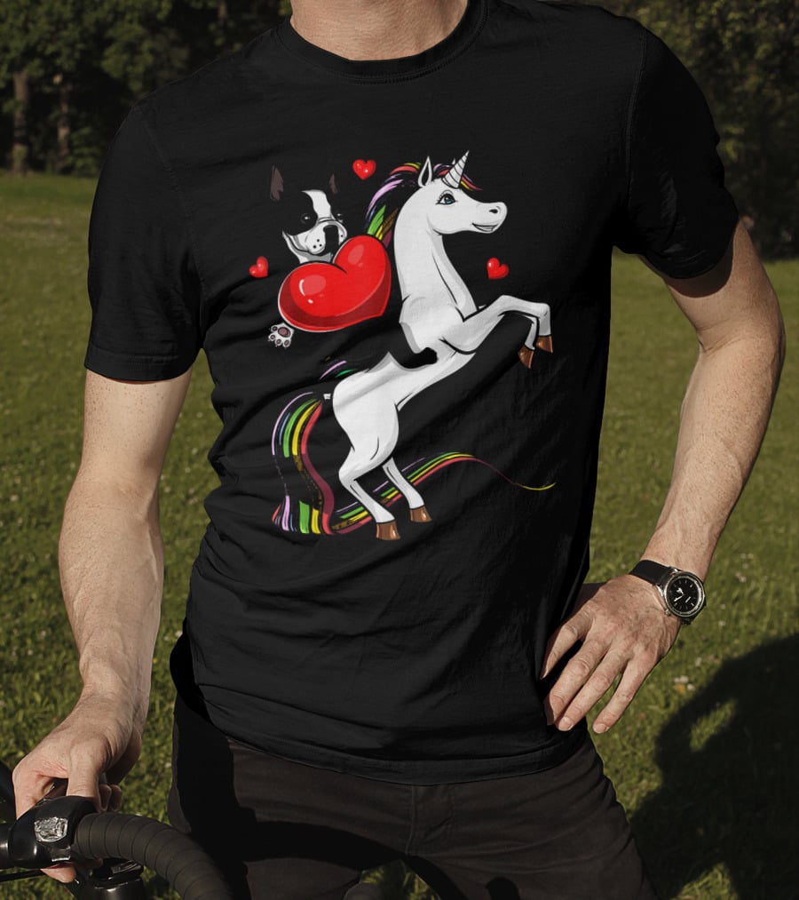 Boston Terrier Dog Holding Heart Riding Colorful Unicorn With Hearts T-Shirt