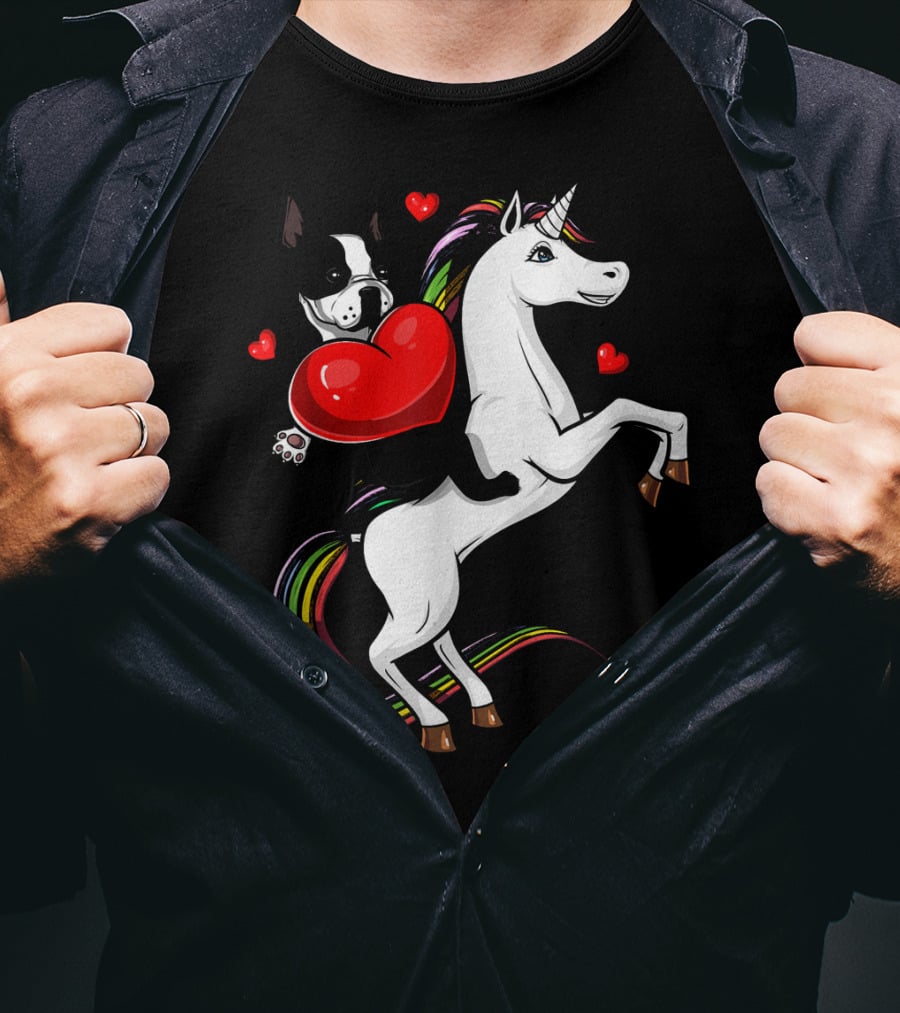 Boston Terrier Dog Holding Heart Riding Colorful Unicorn With Hearts T-Shirt