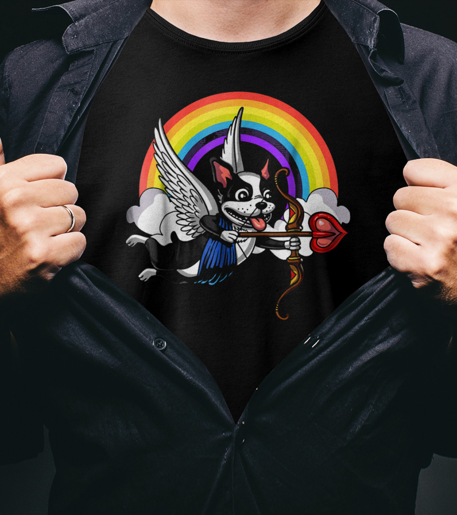 Boston Terrier Cupid Rainbow Valentine's Day T-Shirt