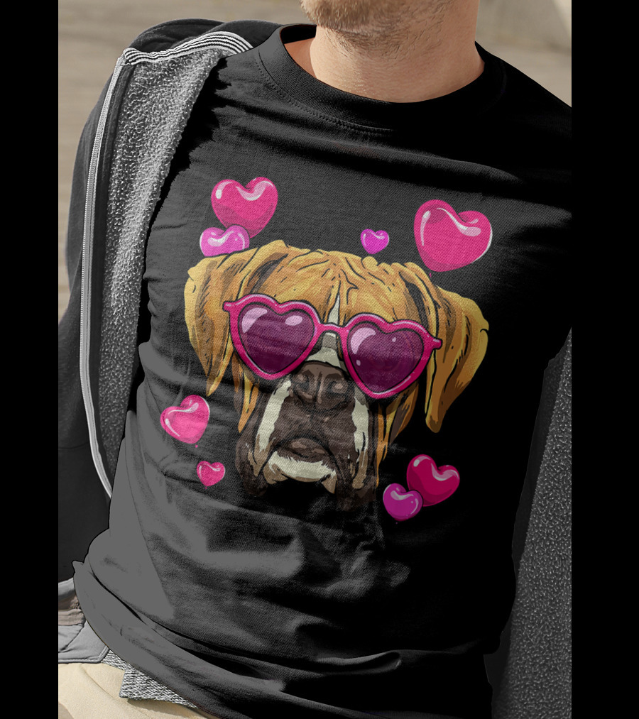 Boxer Dog With Heart Glasses Surrounded By Pink Valentine Hearts T-Shirt