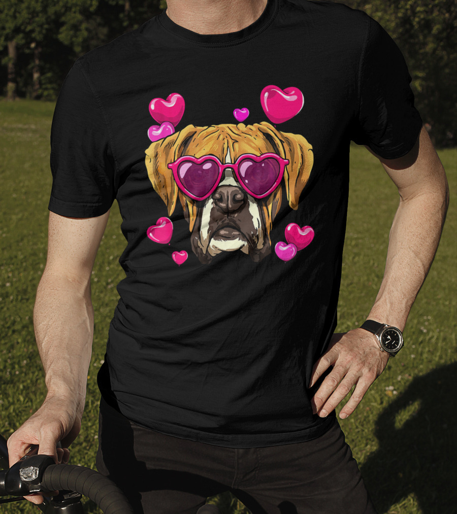 Boxer Dog With Heart Glasses Surrounded By Pink Valentine Hearts T-Shirt