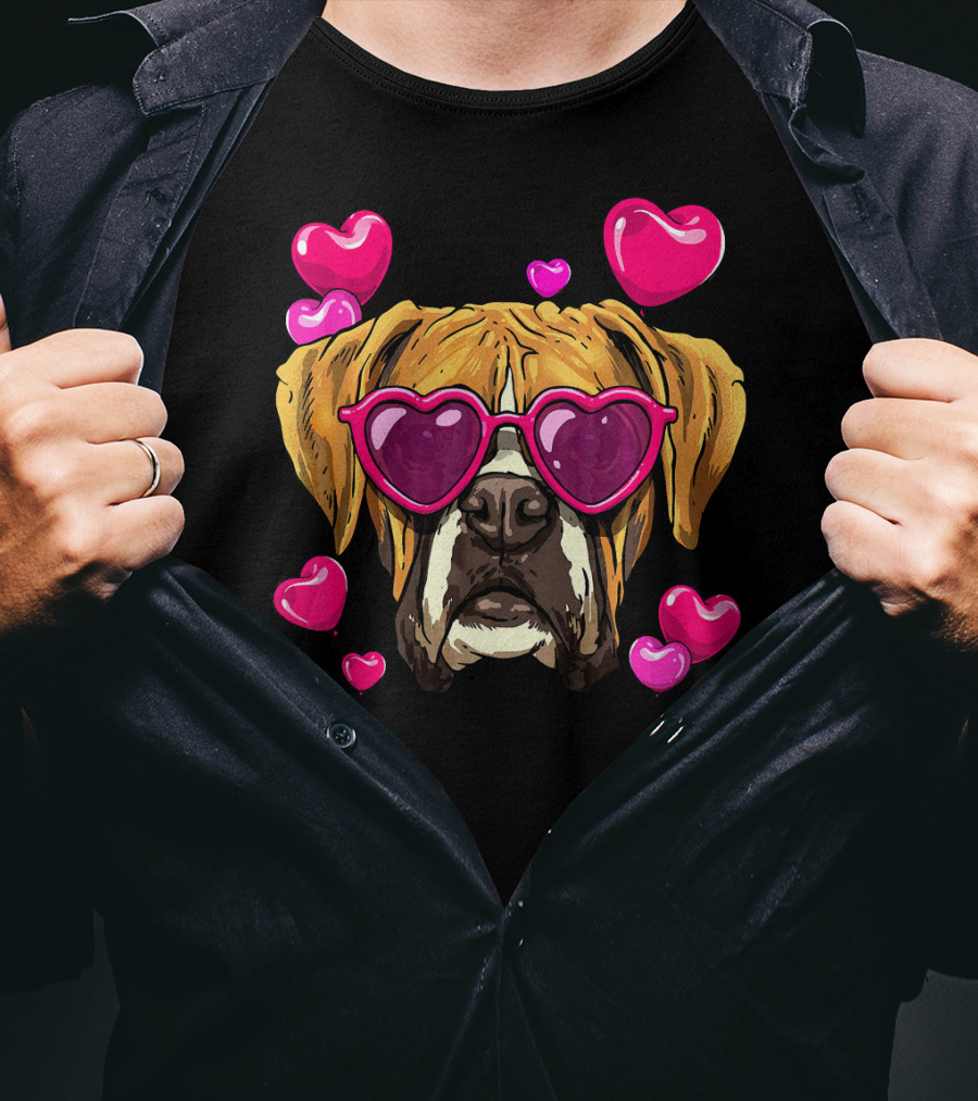 Boxer Dog With Heart Glasses Surrounded By Pink Valentine Hearts T-Shirt