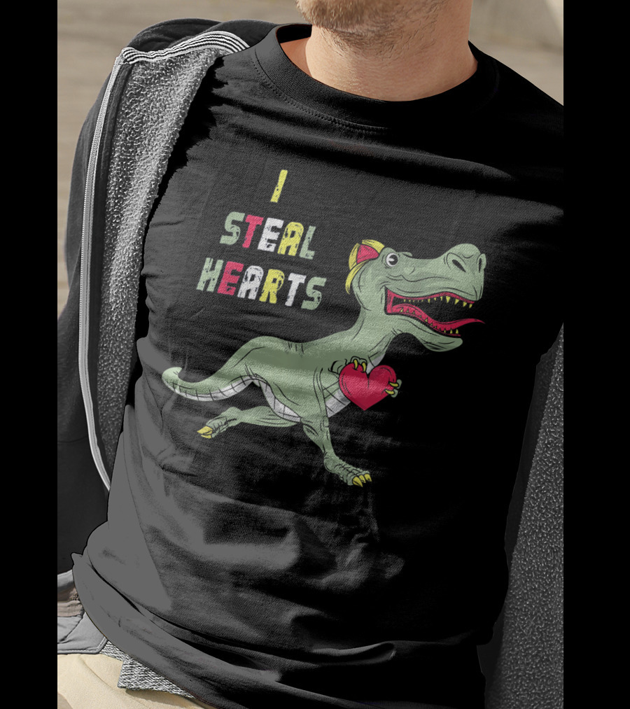 I Steal Hearts Dinosaur Holding Red Heart T-Shirt