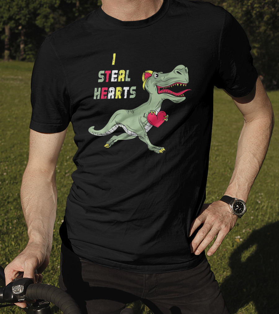 I Steal Hearts Dinosaur Holding Red Heart T-Shirt