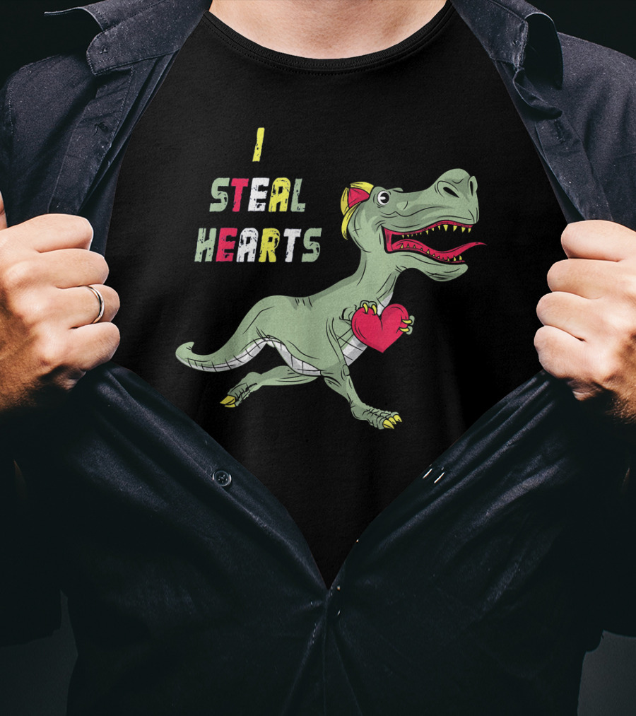 I Steal Hearts Dinosaur Holding Red Heart T-Shirt