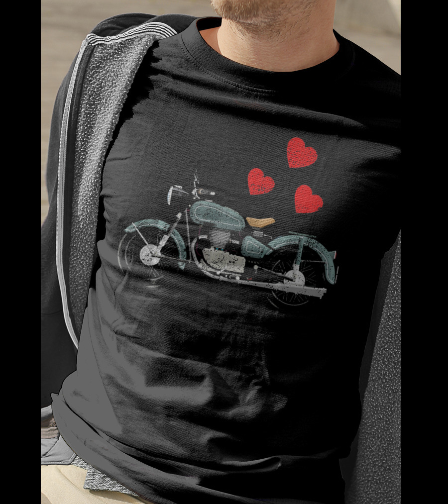 Boys Men Motorcycle With Floating Hearts Valentines T-Shirt