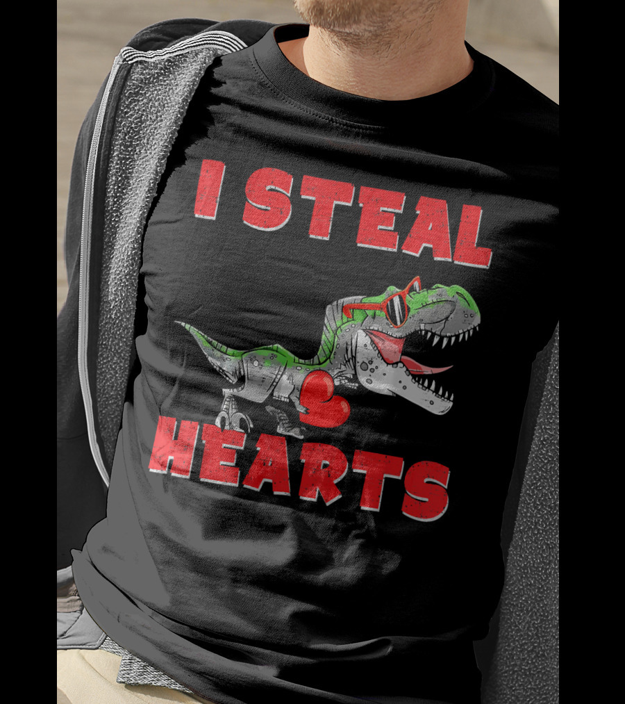 I Steal Hearts Boys Valentines Day Kids Dinosaur Trex T-Shirt