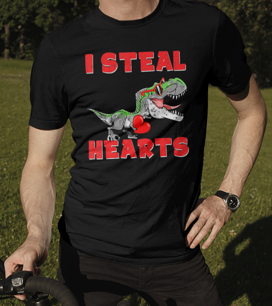 I Steal Hearts Boys Valentines Day Kids Dinosaur Trex T-Shirt