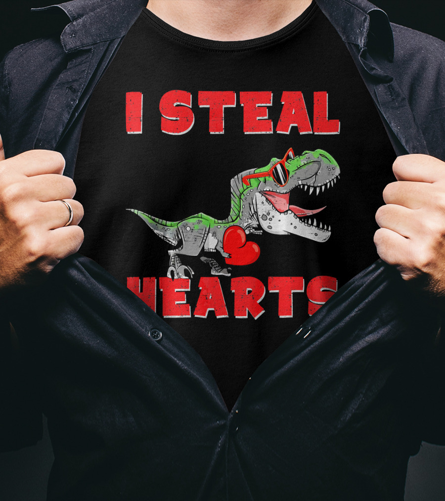 I Steal Hearts Boys Valentines Day Kids Dinosaur Trex T-Shirt