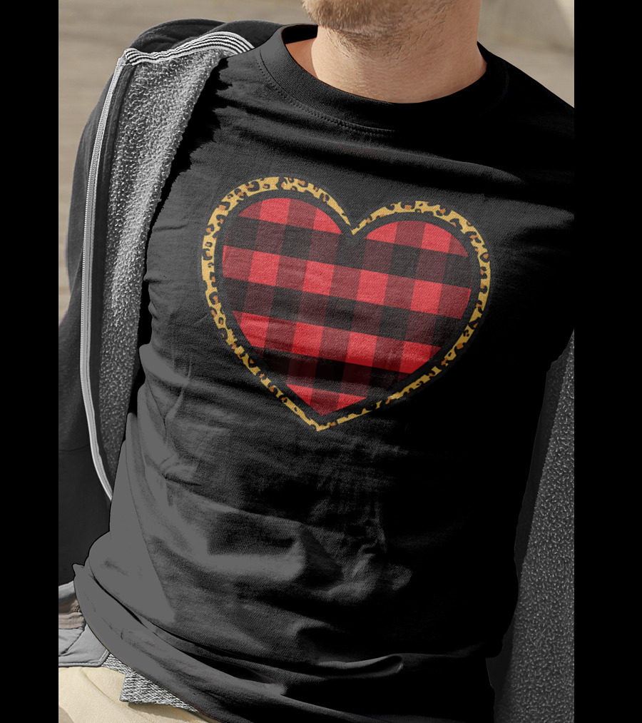 Buffalo Plaid And Leopard Print Heart T-Shirt