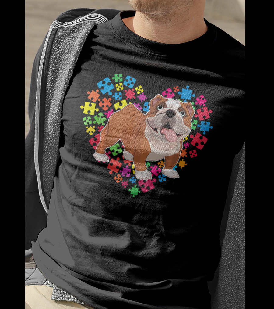 Bulldog Valentine Heart With Colorful Puzzle Pieces Background T-Shirt