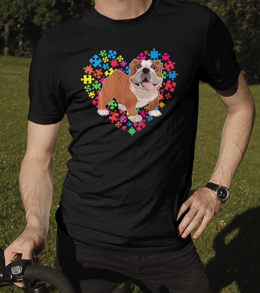 Bulldog Valentine Heart With Colorful Puzzle Pieces Background T-Shirt