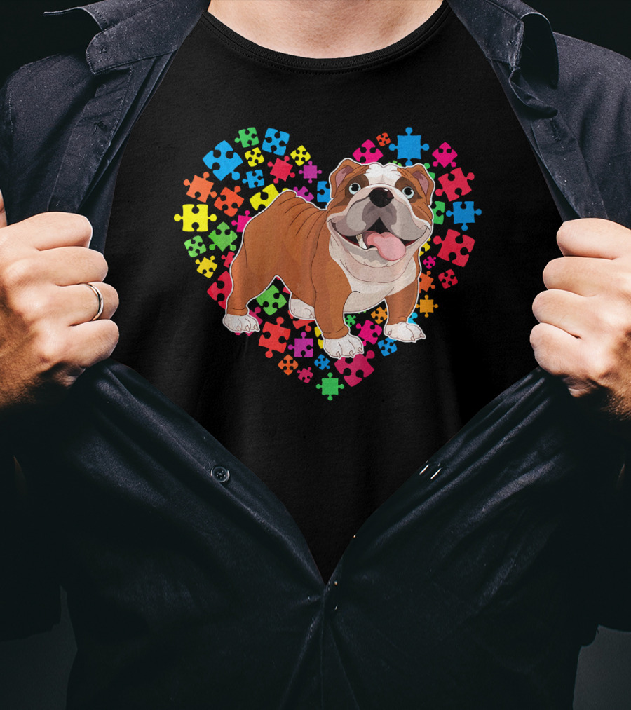 Bulldog Valentine Heart With Colorful Puzzle Pieces Background T-Shirt