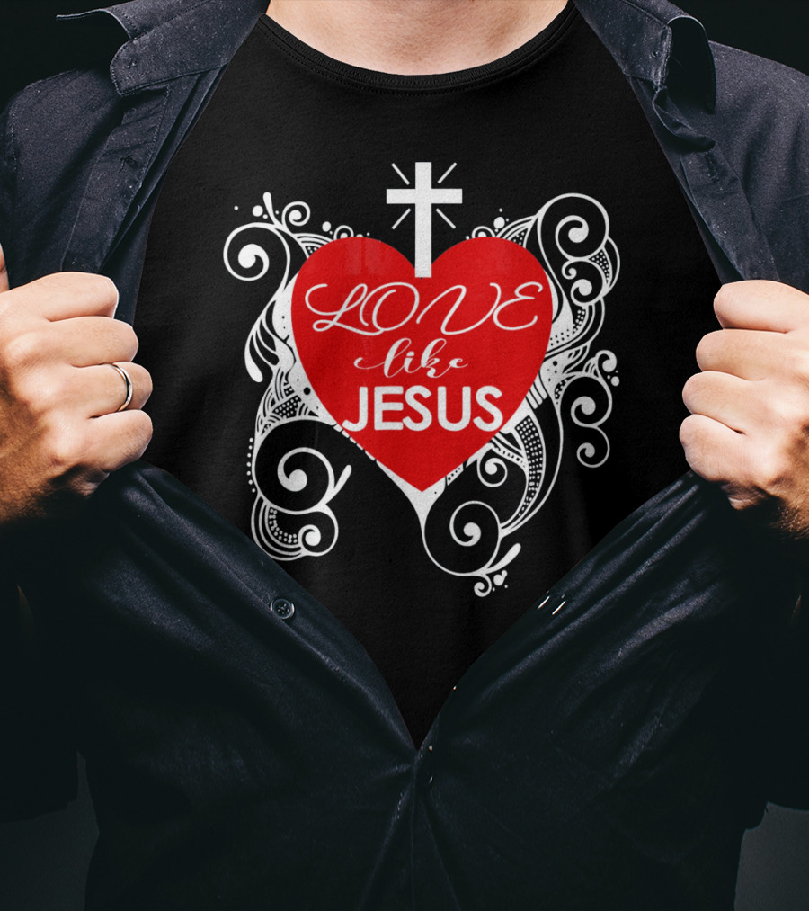 LOVE Like Jesus Christian Valentine Heart Cross Swirls T-Shirt