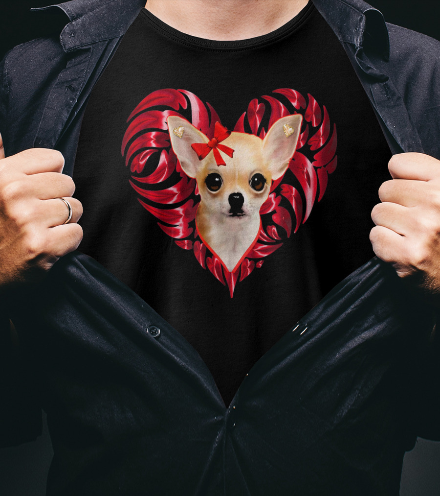 Chihuahua Dog Valentine Heart With Bow And Swirls T-Shirt