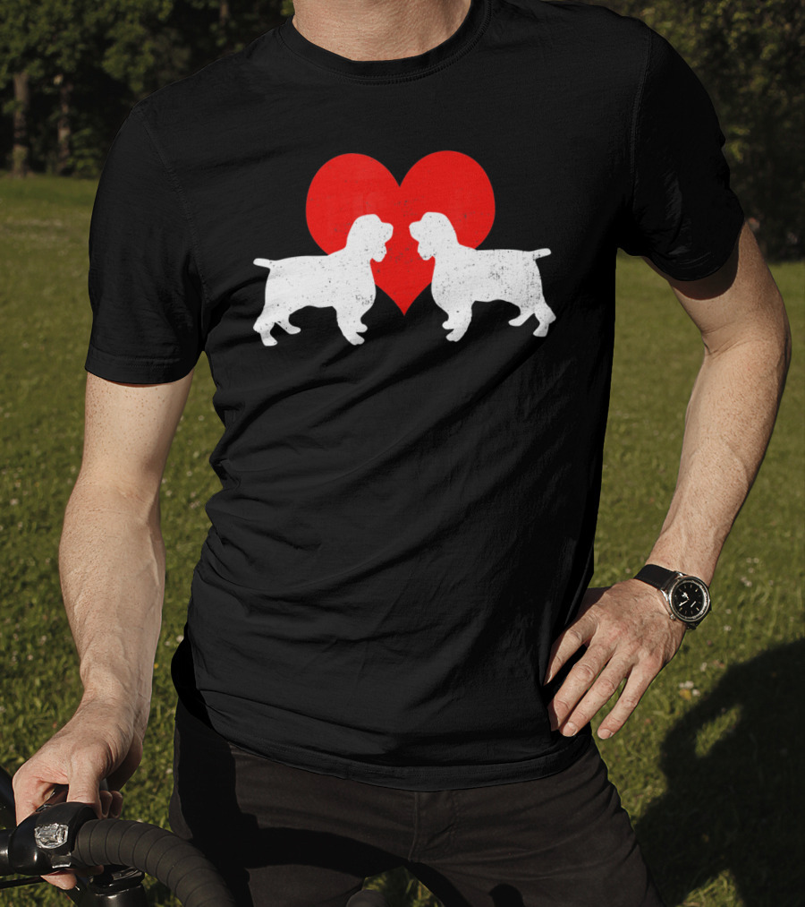 Couple English Springer Spaniel Dogs With Red Heart T-Shirt