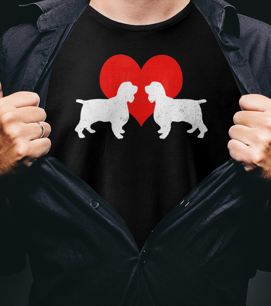 Couple English Springer Spaniel Dogs With Red Heart T-Shirt