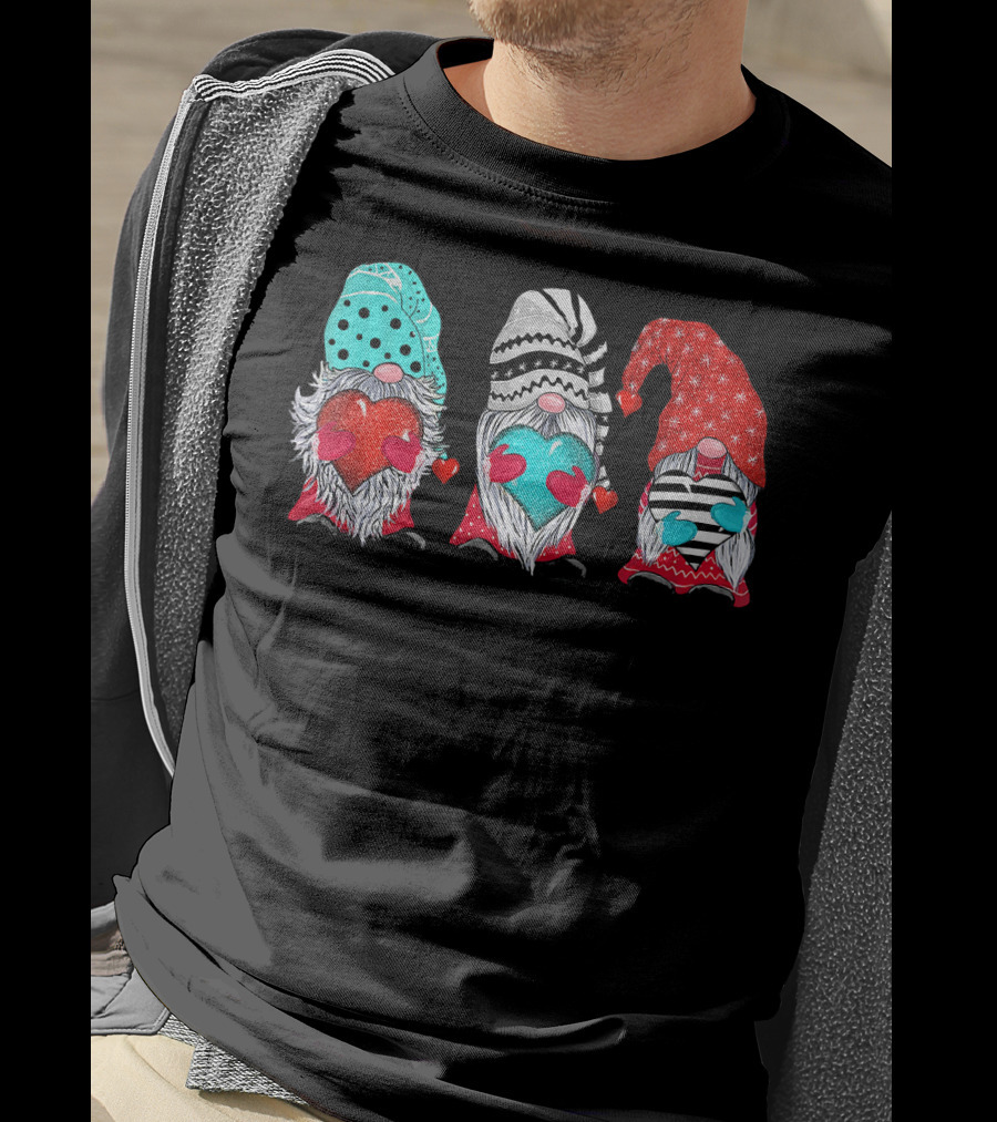 Couple Matching Outfit Gnomes Holding Hearts With Festive Hats T-Shirt