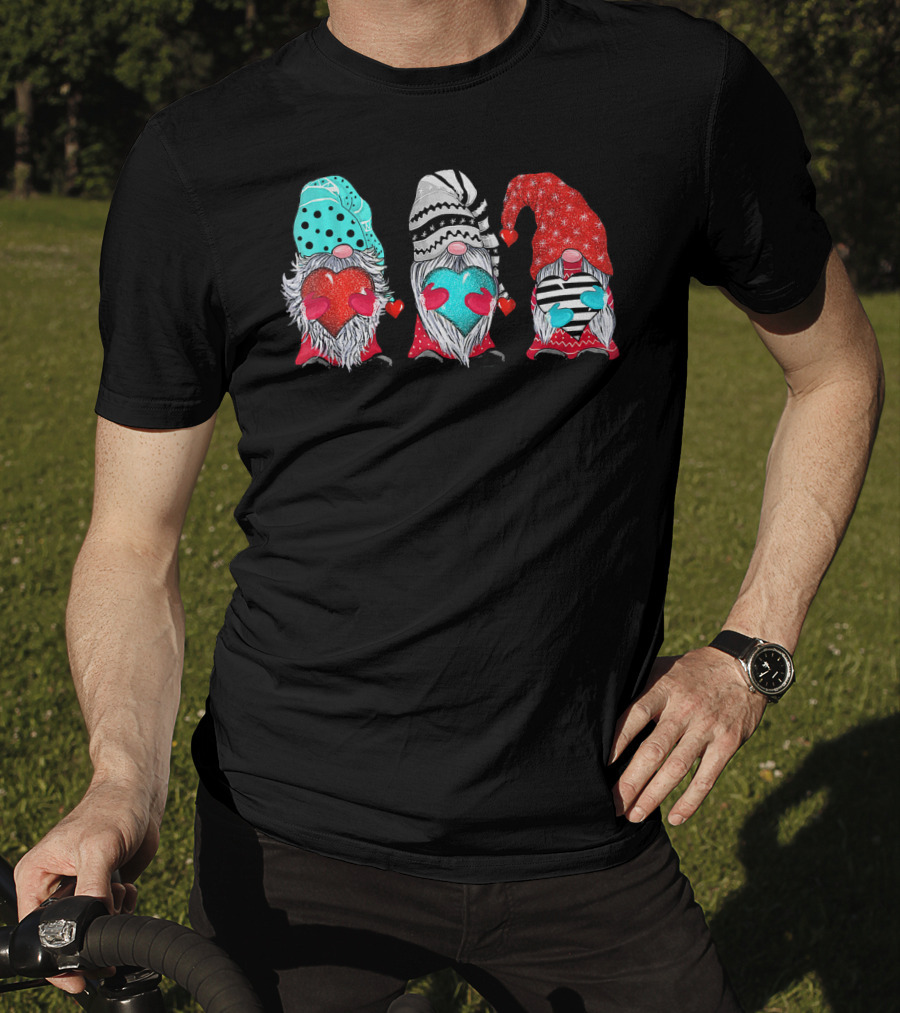 Couple Matching Outfit Gnomes Holding Hearts With Festive Hats T-Shirt