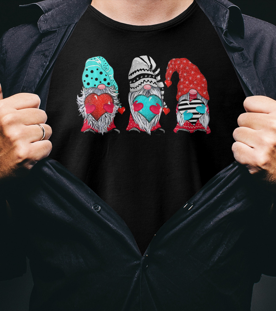 Couple Matching Outfit Gnomes Holding Hearts With Festive Hats T-Shirt