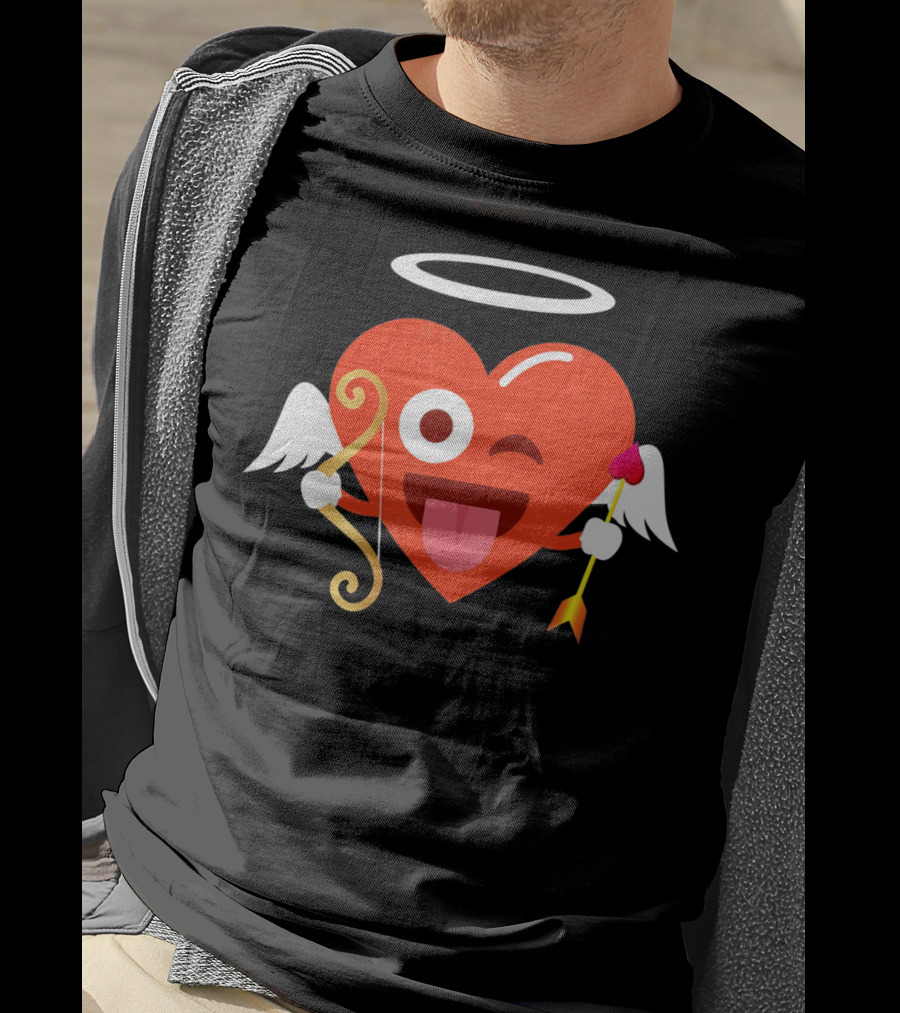 Cupid Heart Emoji Halo Wink Tongue Out Bow Arrow T-Shirt
