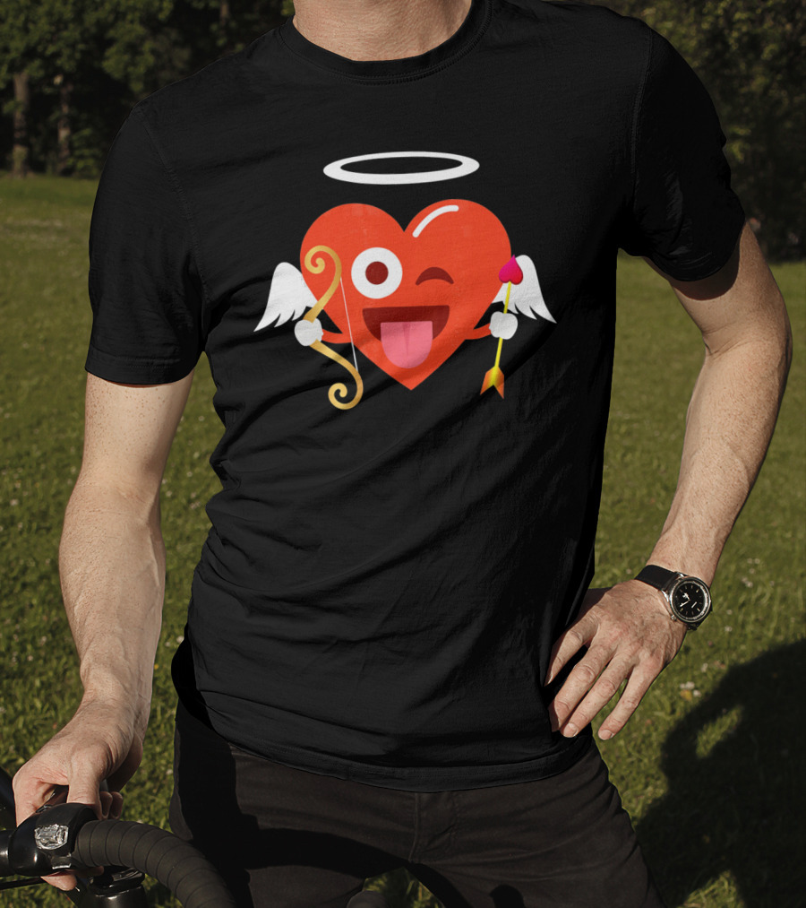 Cupid Heart Emoji Halo Wink Tongue Out Bow Arrow T-Shirt