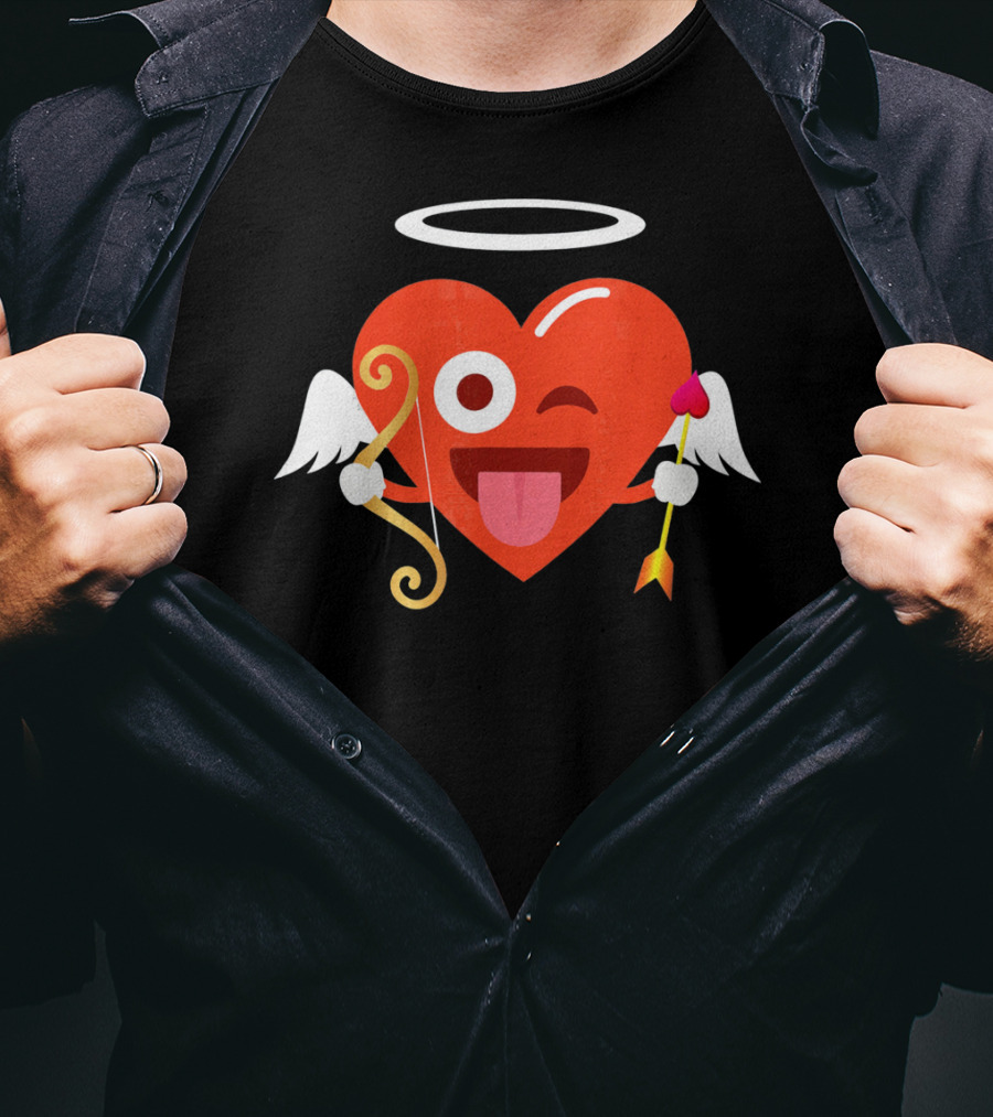 Cupid Heart Emoji Halo Wink Tongue Out Bow Arrow T-Shirt