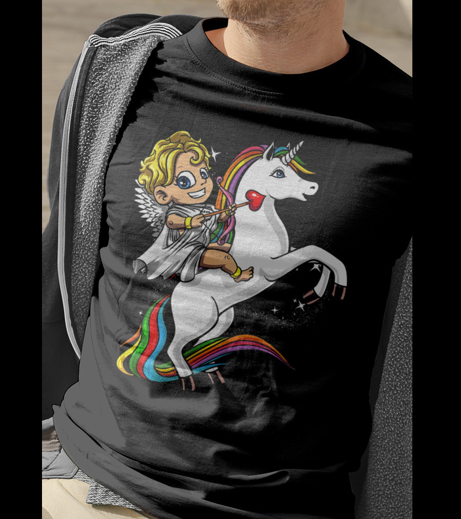 Cupid Riding Colorful Unicorn Valentines Day Magic T-Shirt