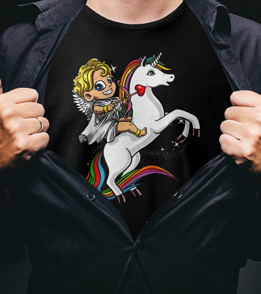 Cupid Riding Colorful Unicorn Valentines Day Magic T-Shirt