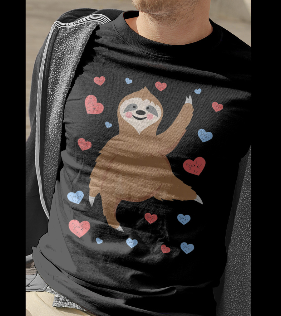Cute Cuddly Sloth Surrounded By Red And Blue Hearts Valentine's Day T-Shirt