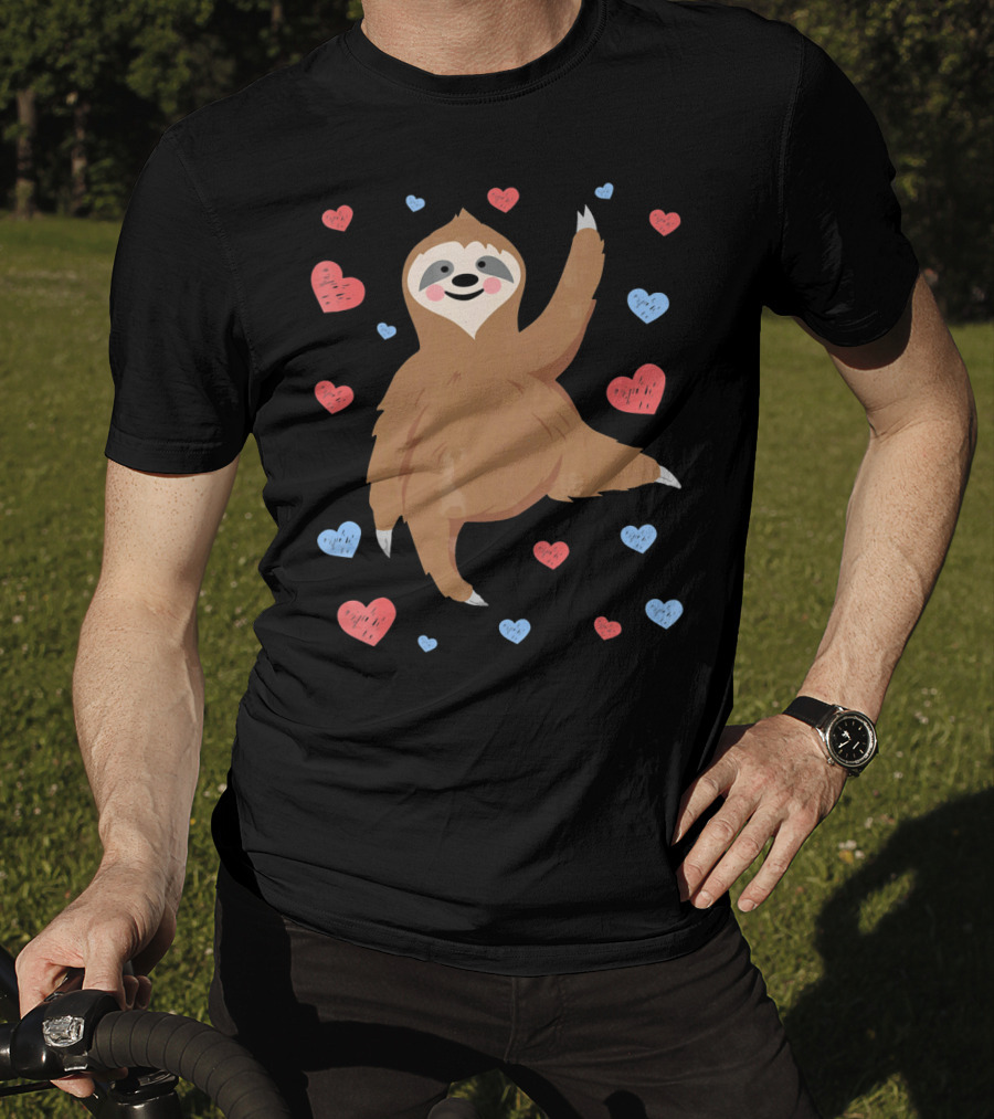 Cute Cuddly Sloth Surrounded By Red And Blue Hearts Valentine's Day T-Shirt